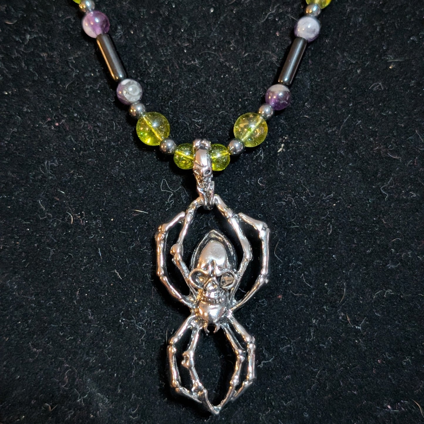✨Arachnecro✨| Obsidian, Amethyst & Hematite Necklace with Skeletal Spider Pendant