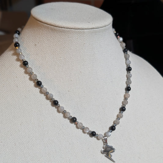 ✨Flickerpour✨| Silver Gray Moonstone & Obsidian Lightning Pendant Necklace