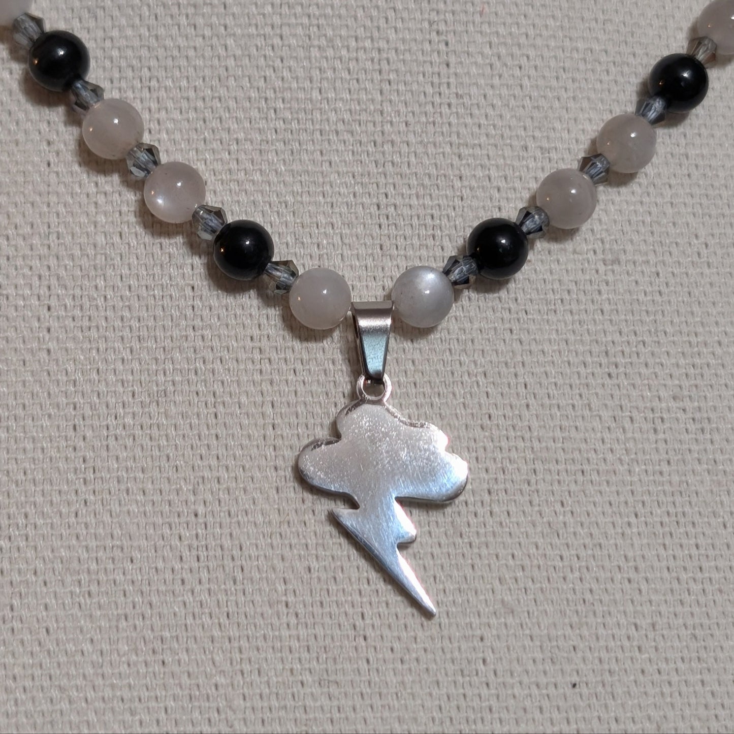 ✨Flickerpour✨| Silver Gray Moonstone & Obsidian Lightning Pendant Necklace