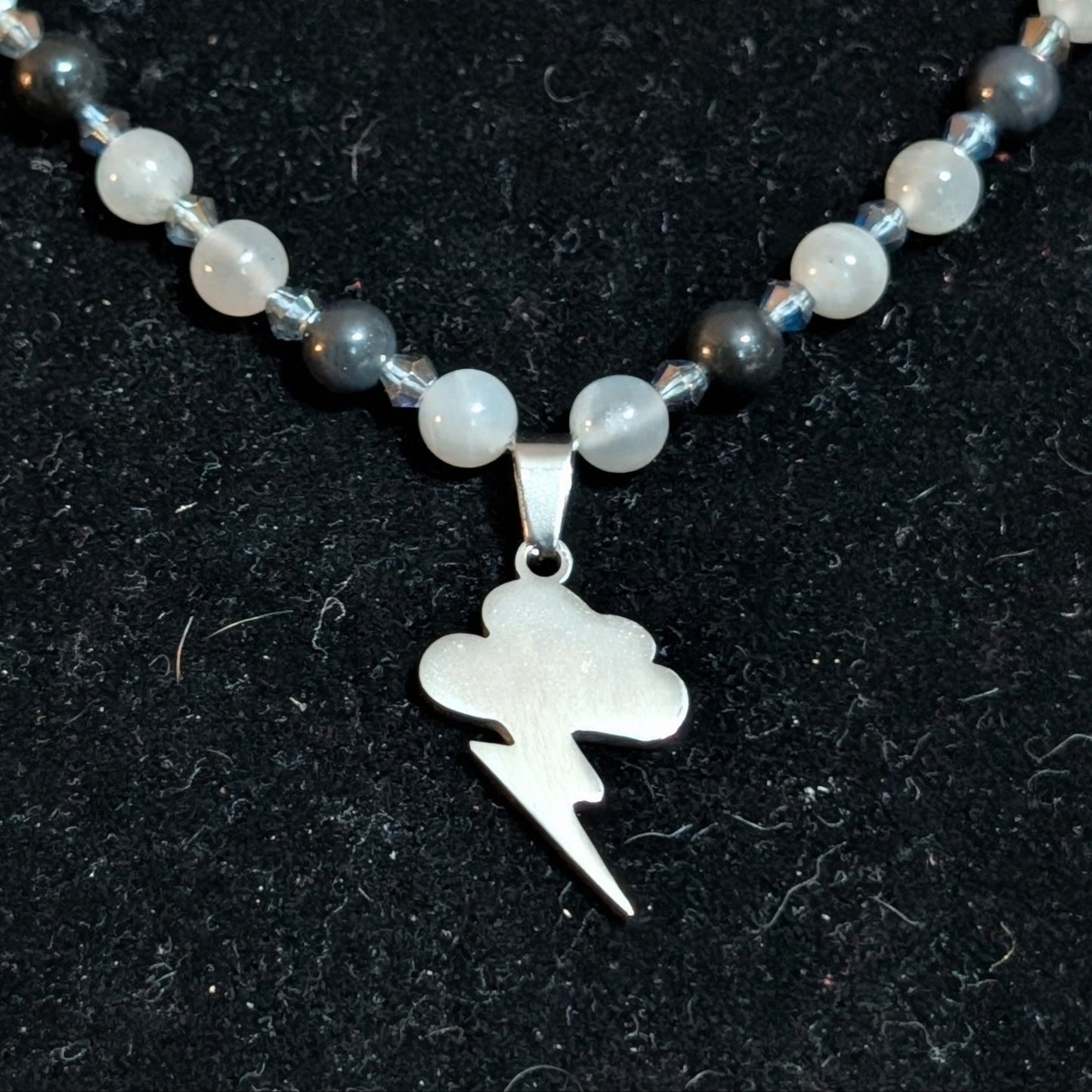 ✨Flickerpour✨| Silver Gray Moonstone & Obsidian Lightning Pendant Necklace