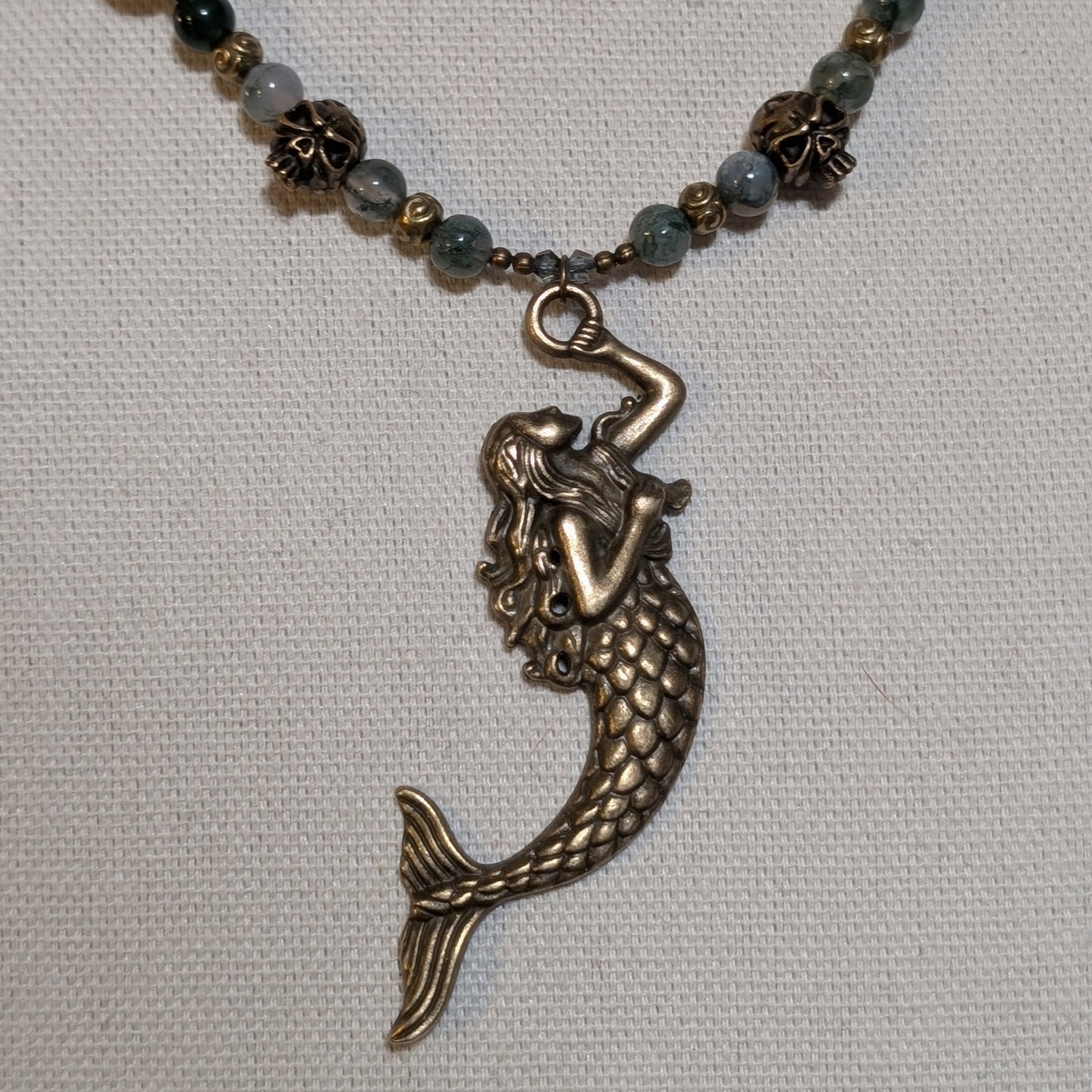 ✨Sirenne✨| Moss Agate & Bronze Mermaid Necklace with Skull Accents