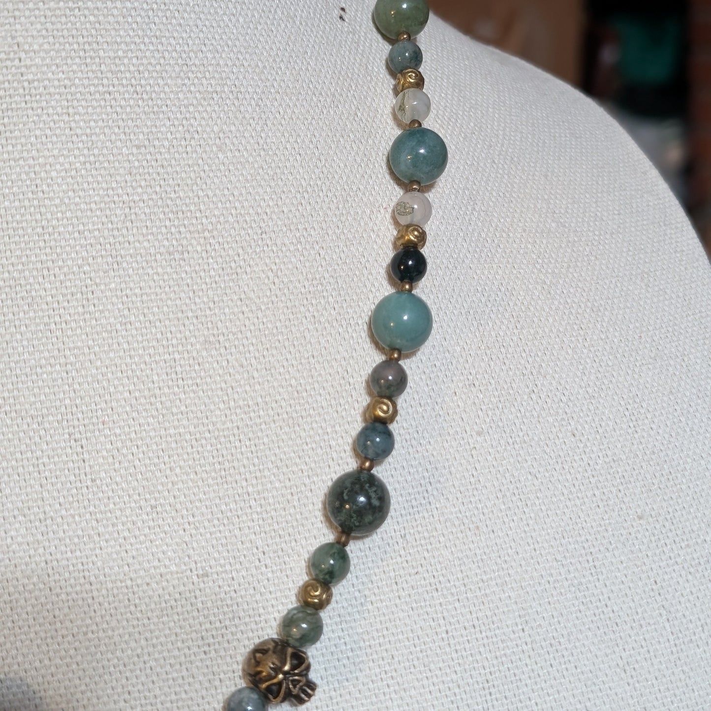 ✨Sirenne✨| Moss Agate & Bronze Mermaid Necklace with Skull Accents