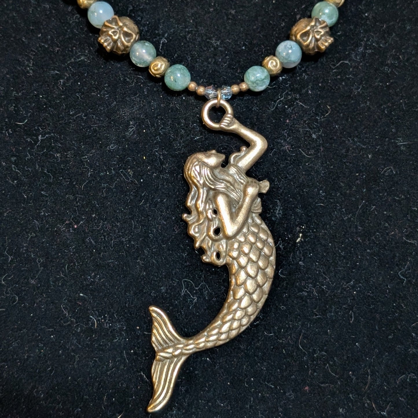 ✨Sirenne✨| Moss Agate & Bronze Mermaid Necklace with Skull Accents