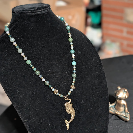 ✨Sirenne✨| Moss Agate & Bronze Mermaid Necklace with Skull Accents