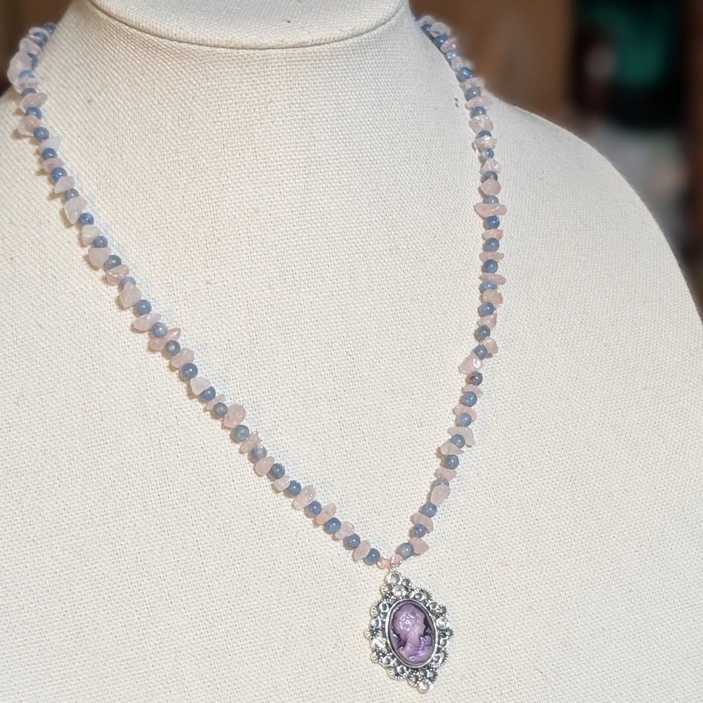 ✨Kraeon Rose✨| Rose Quartz & Kyanite Cameo Necklace with Silver Rose Accents