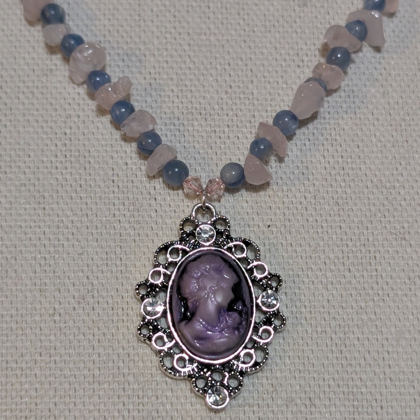 ✨Kraeon Rose✨| Rose Quartz & Kyanite Cameo Necklace with Silver Rose Accents