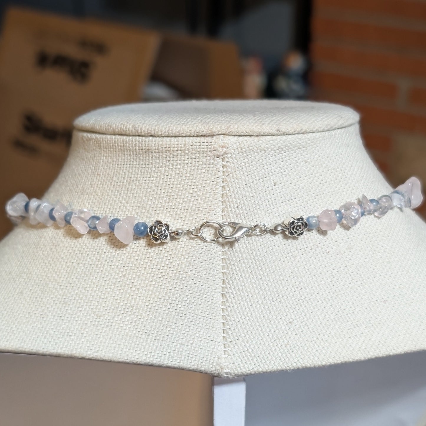 ✨Kraeon Rose✨| Rose Quartz & Kyanite Cameo Necklace with Silver Rose Accents