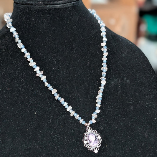 ✨Kraeon Rose✨| Rose Quartz & Kyanite Cameo Necklace with Silver Rose Accents