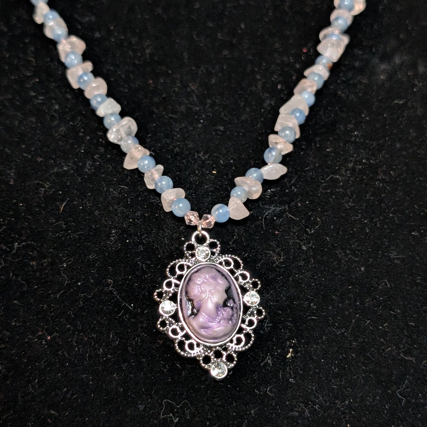 ✨Kraeon Rose✨| Rose Quartz & Kyanite Cameo Necklace with Silver Rose Accents