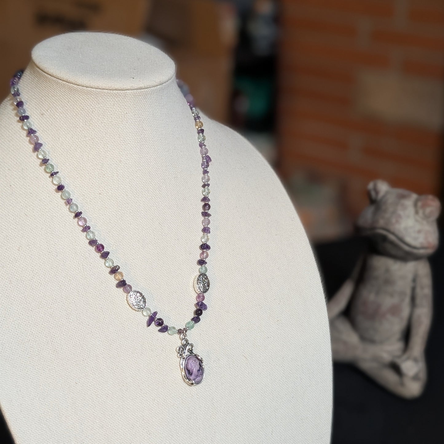 ✨Petalight✨| Fluorite & Amethyst Cameo Necklace with Floral Accents