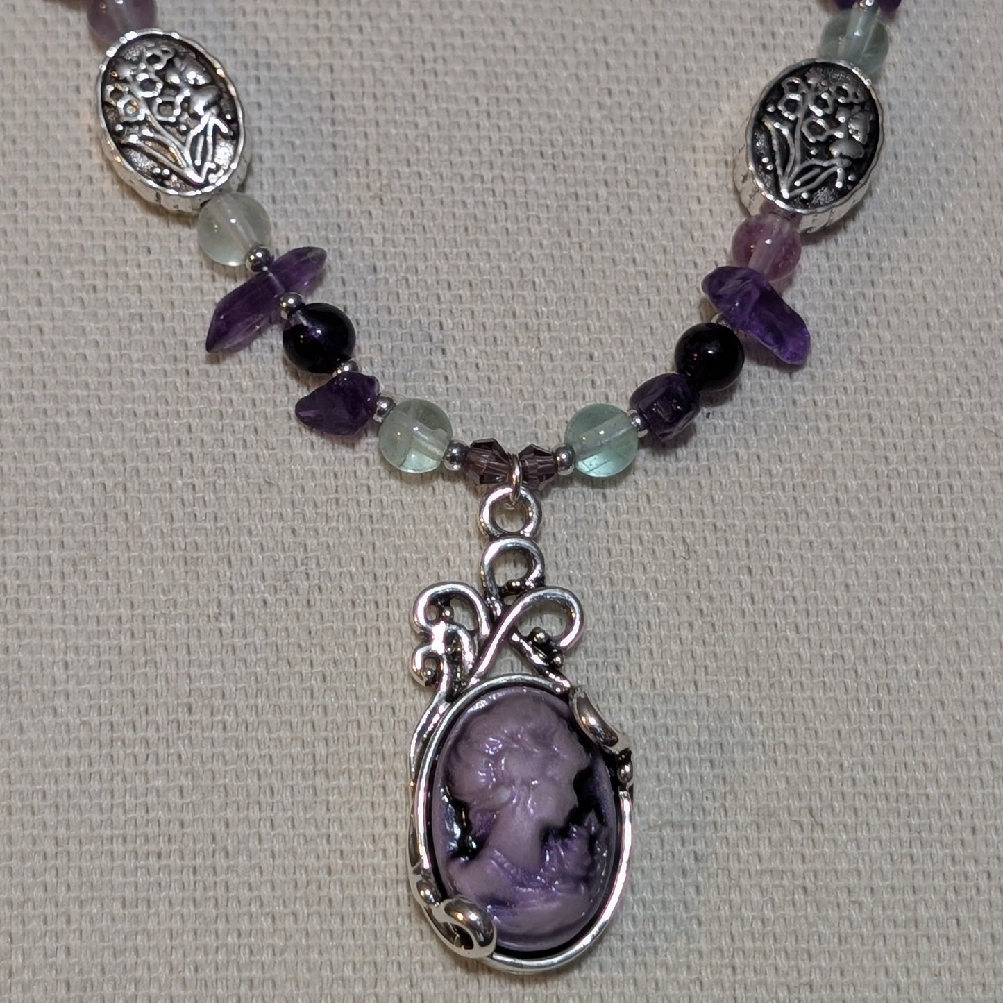 ✨Petalight✨| Fluorite & Amethyst Cameo Necklace with Floral Accents