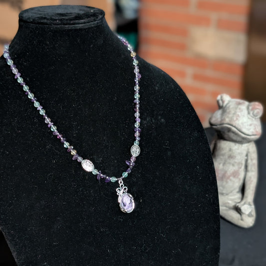✨Petalight✨| Fluorite & Amethyst Cameo Necklace with Floral Accents