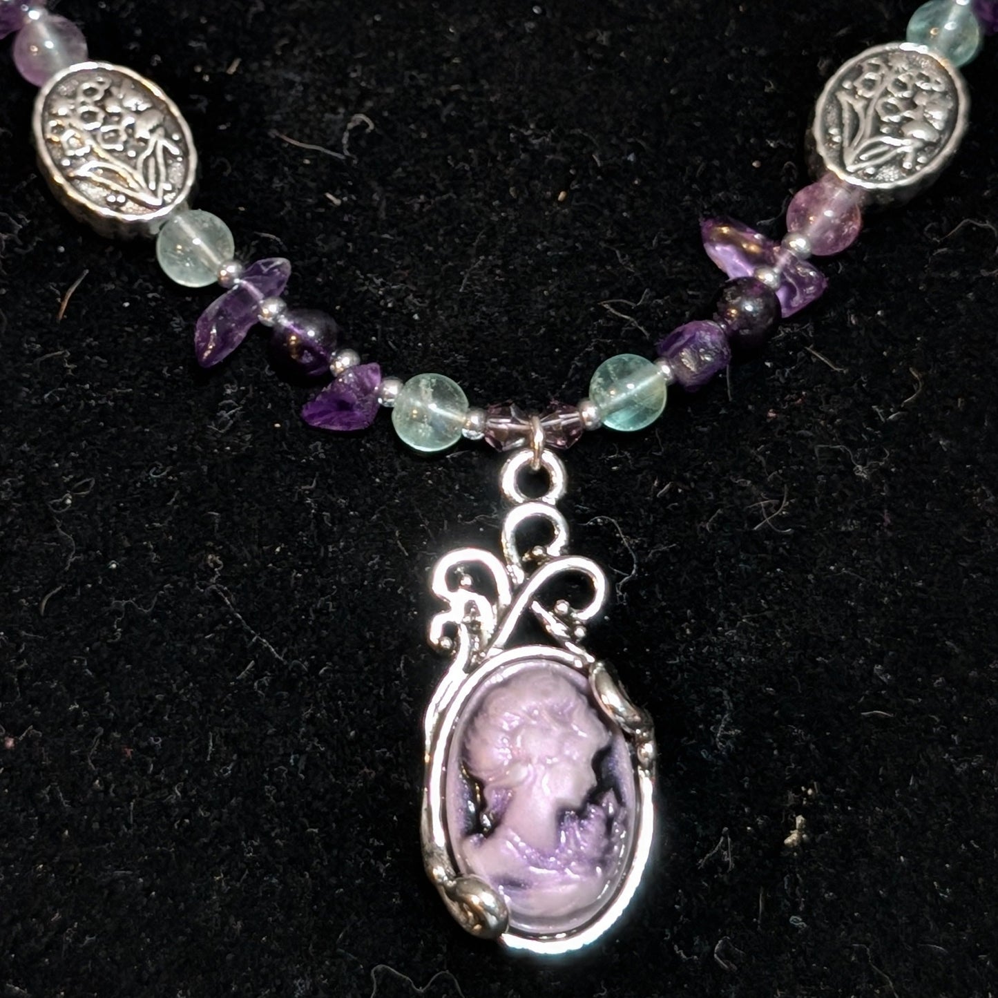 ✨Petalight✨| Fluorite & Amethyst Cameo Necklace with Floral Accents