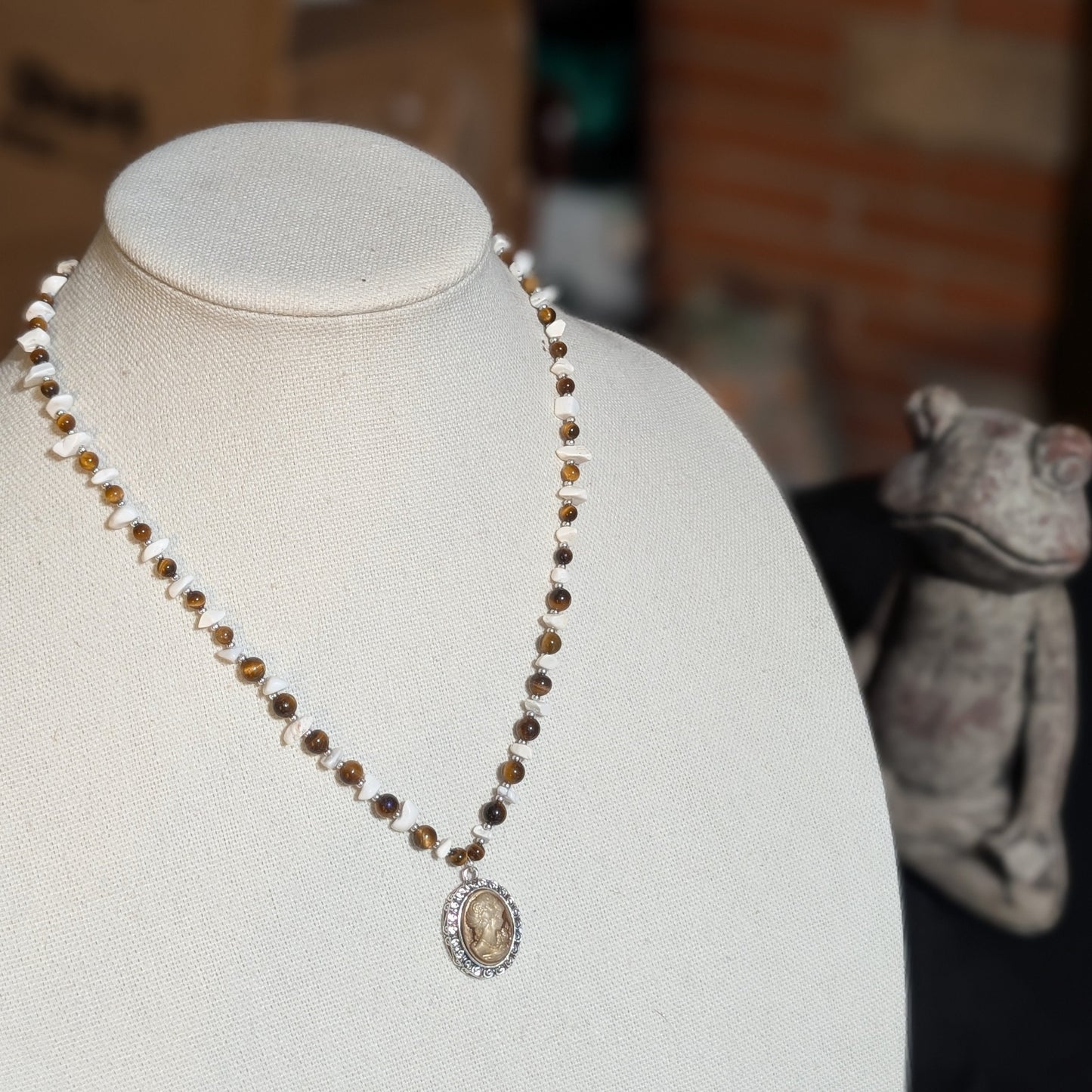 ✨Sepiastone✨| Tiger’s Eye & Howlite Cameo Pendant Necklace with Vintage Rose Accents