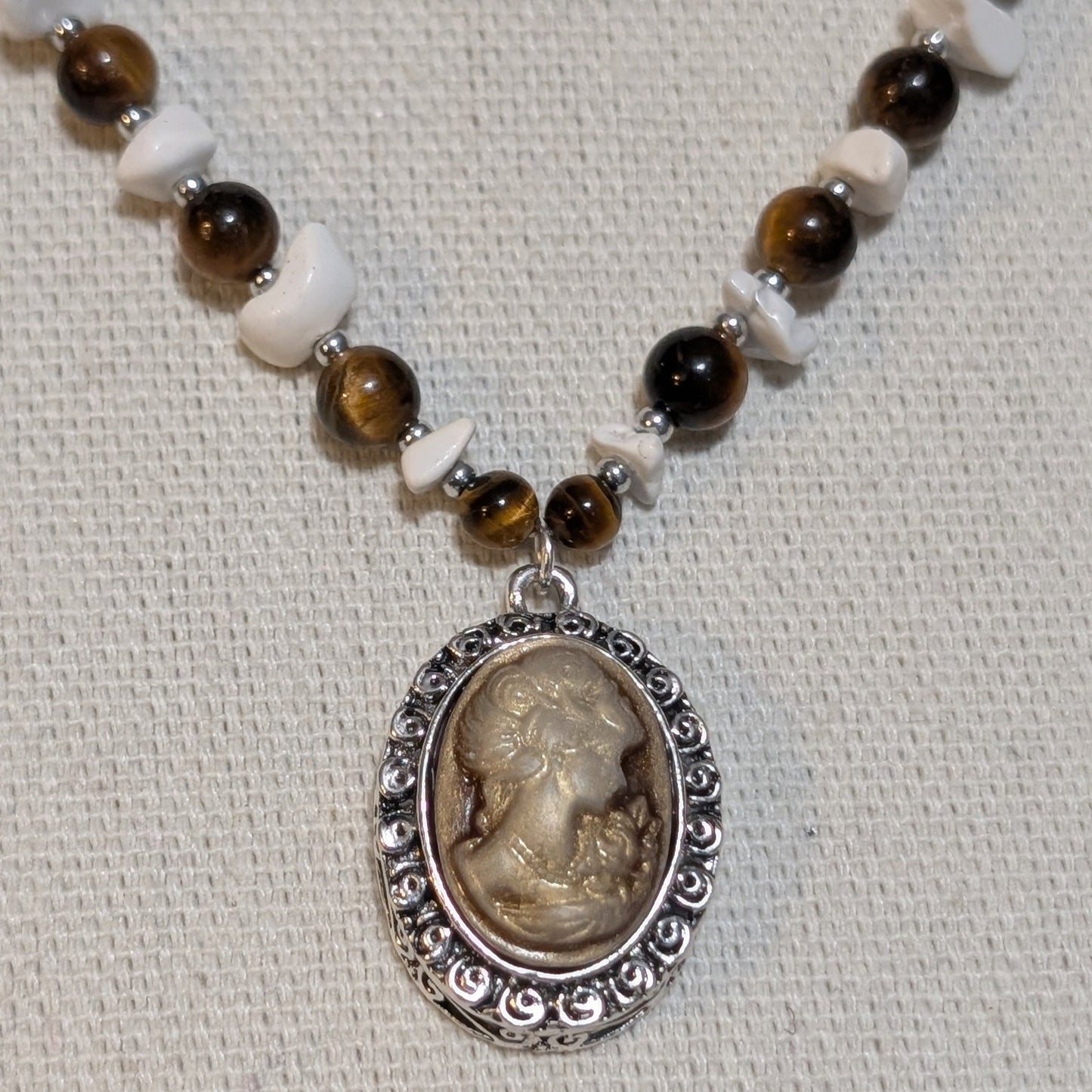 ✨Sepiastone✨| Tiger’s Eye & Howlite Cameo Pendant Necklace with Vintage Rose Accents