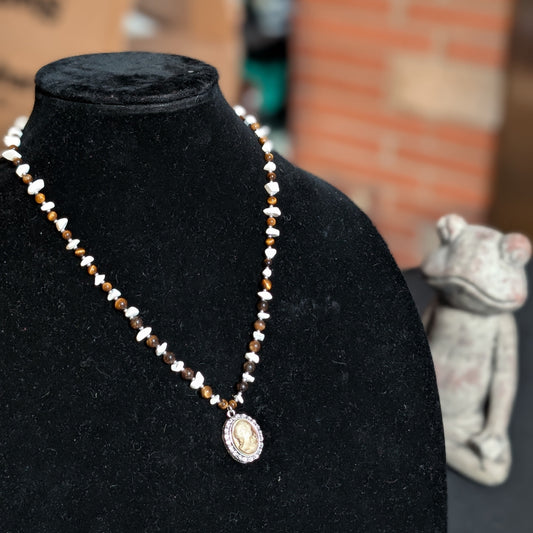 ✨Sepiastone✨| Tiger’s Eye & Howlite Cameo Pendant Necklace with Vintage Rose Accents