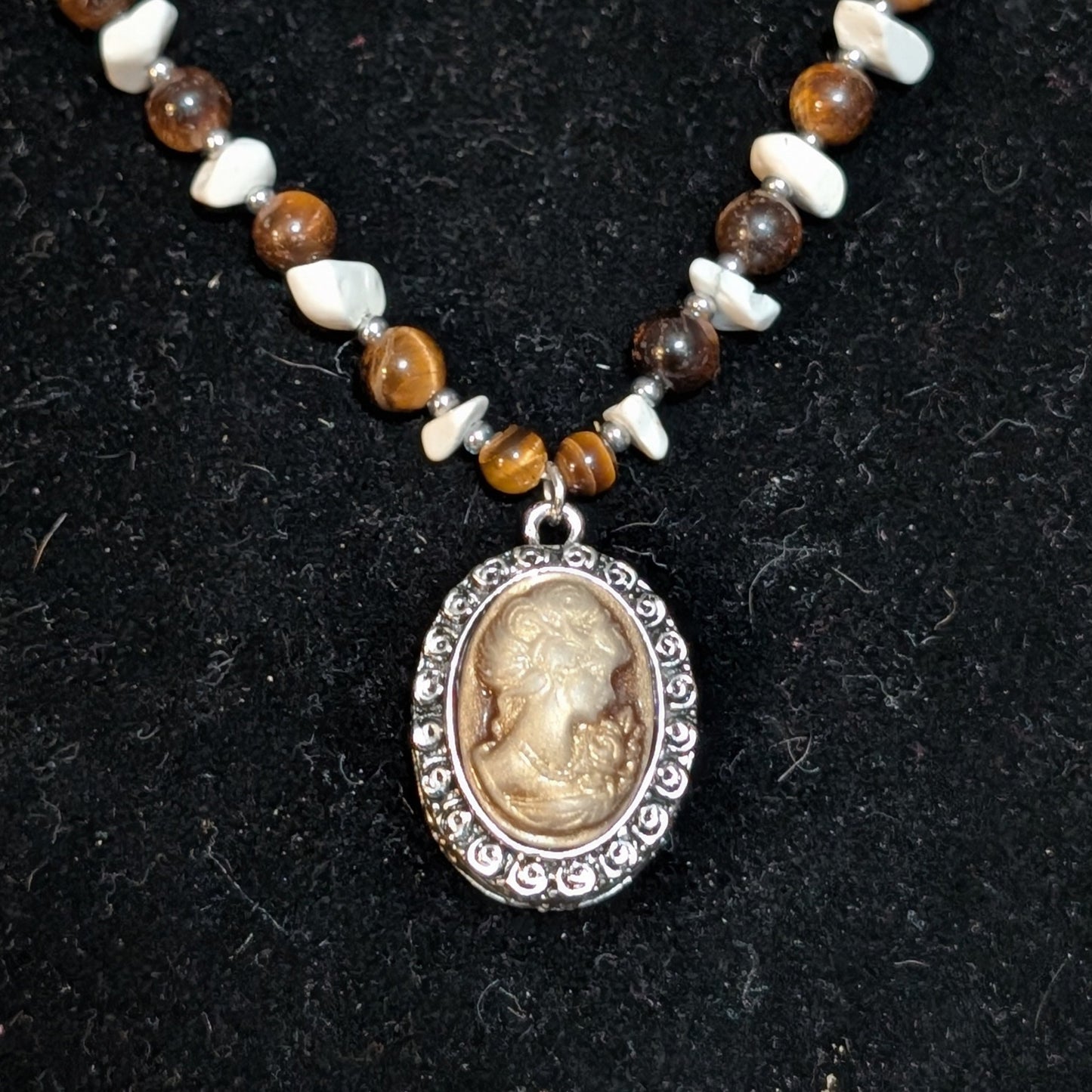 ✨Sepiastone✨| Tiger’s Eye & Howlite Cameo Pendant Necklace with Vintage Rose Accents