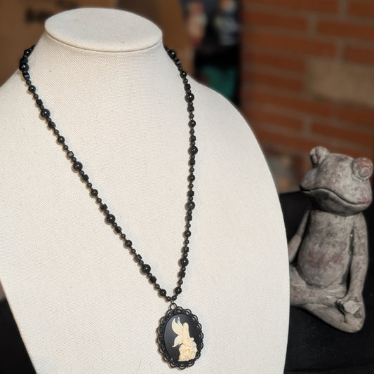 ✨Ebonevil✨| Onyx, Obsidian & Tourmaline Gemstone Black Strand Fairy Skull Cameo Necklace