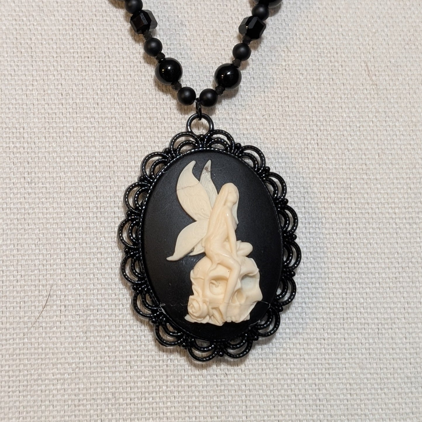 ✨Ebonevil✨| Onyx, Obsidian & Tourmaline Gemstone Black Strand Fairy Skull Cameo Necklace