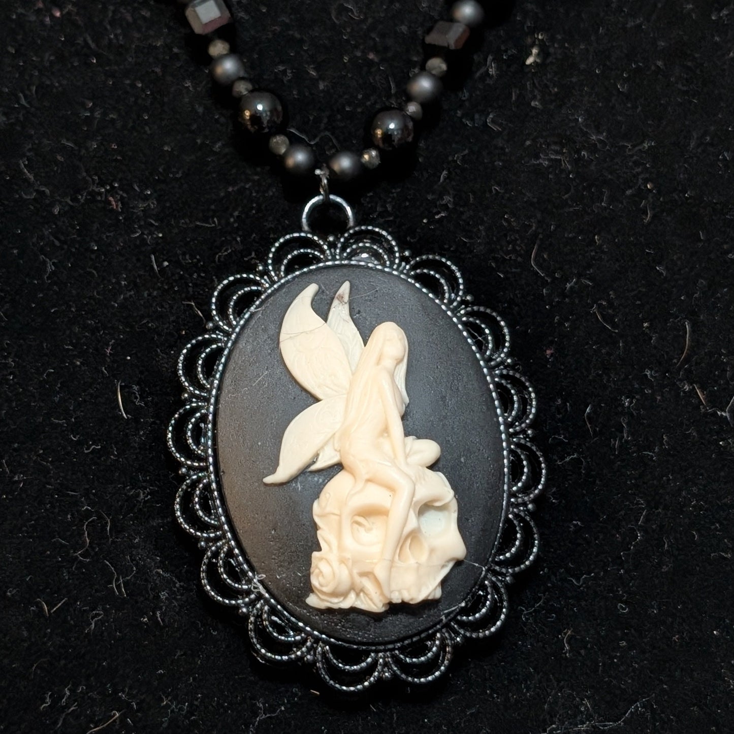 ✨Ebonevil✨| Onyx, Obsidian & Tourmaline Gemstone Black Strand Fairy Skull Cameo Necklace