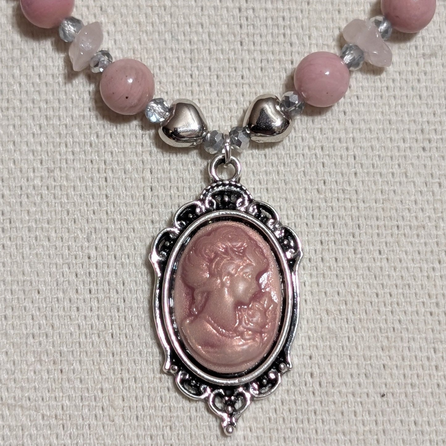 ✨Lady Heartwright✨| Rhodochrosite & Rose Quartz Cameo Necklace with Silver Heart Accents