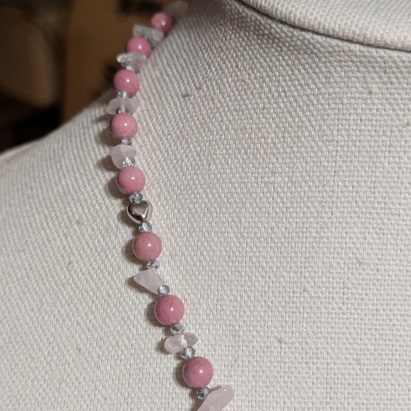 ✨Lady Heartwright✨| Rhodochrosite & Rose Quartz Cameo Necklace with Silver Heart Accents