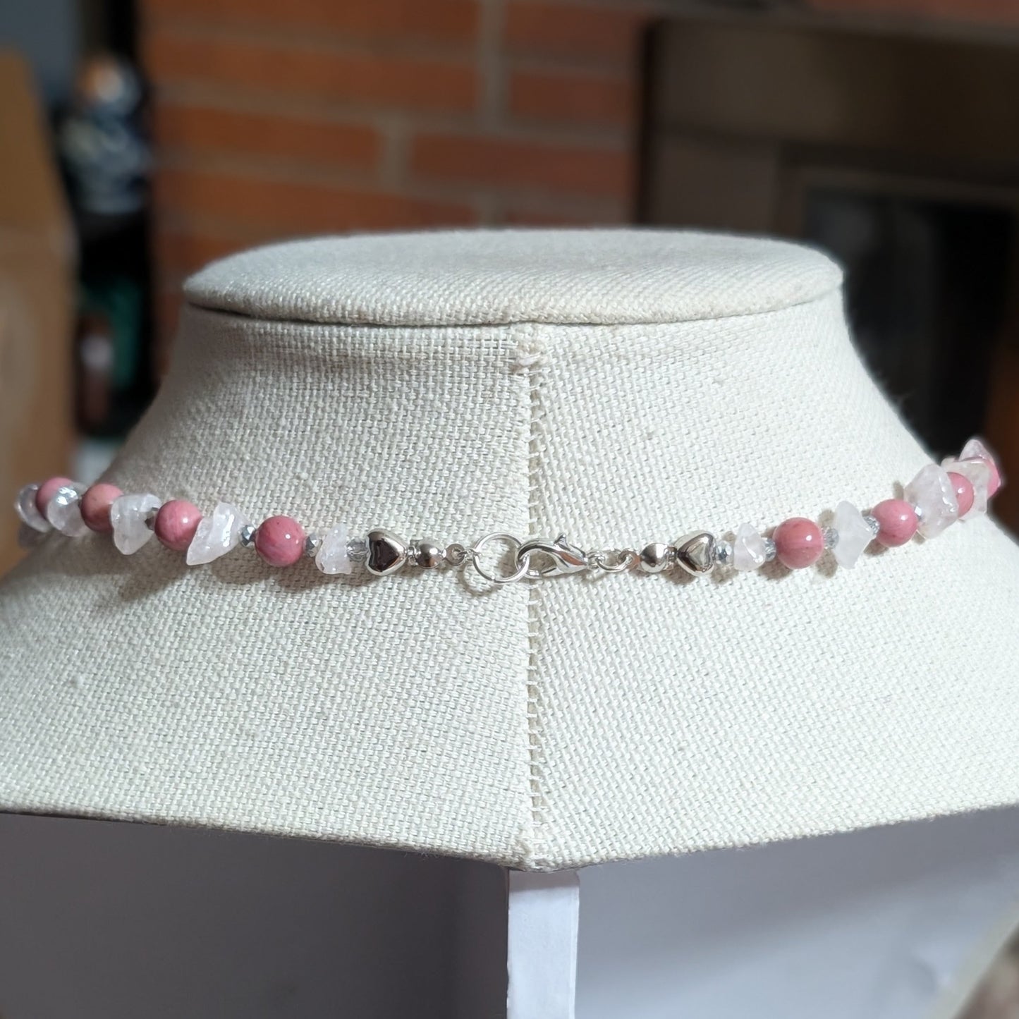 ✨Lady Heartwright✨| Rhodochrosite & Rose Quartz Cameo Necklace with Silver Heart Accents