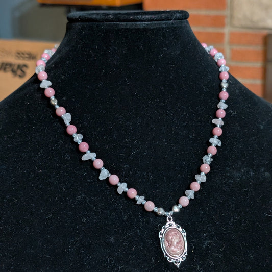 ✨Lady Heartwright✨| Rhodochrosite & Rose Quartz Cameo Necklace with Silver Heart Accents