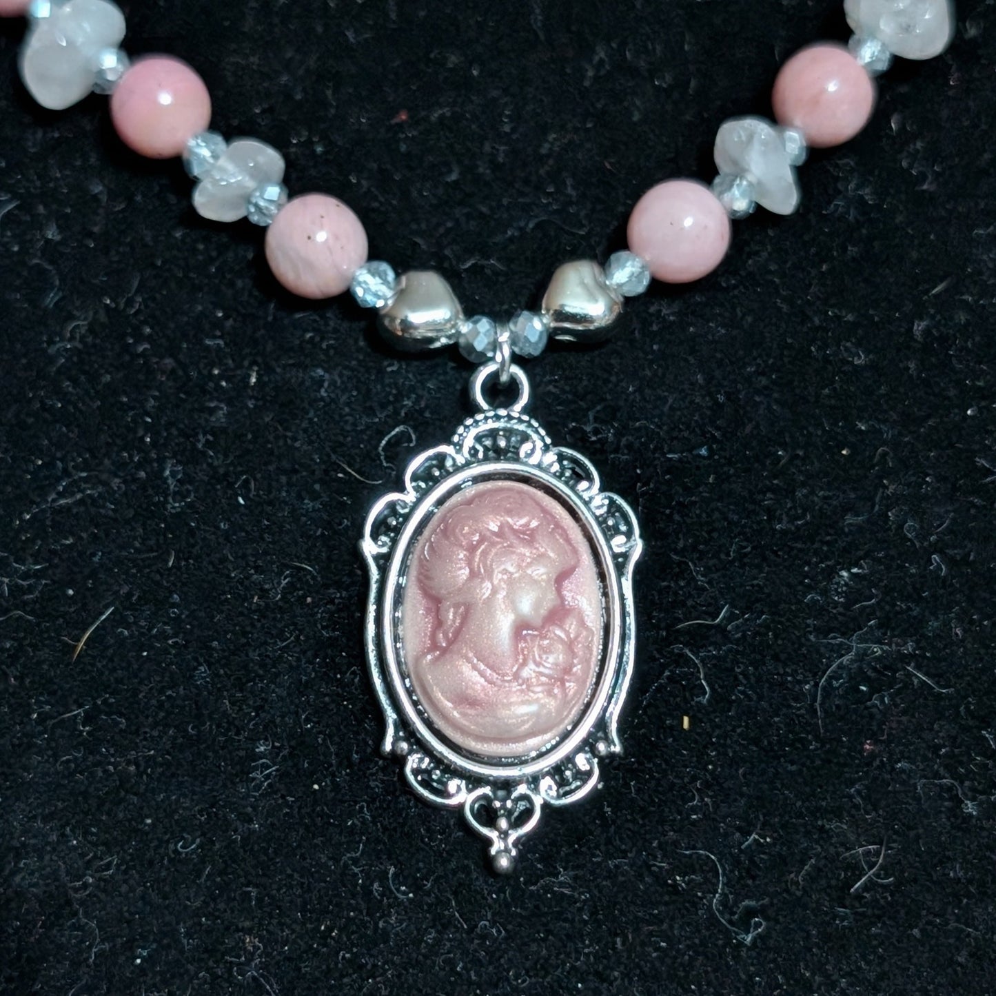 ✨Lady Heartwright✨| Rhodochrosite & Rose Quartz Cameo Necklace with Silver Heart Accents
