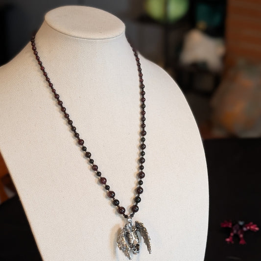 ✨Hollowheart Flight✨| Garnet & Black Tourmaline Necklace with Winged Ribcage Pendant