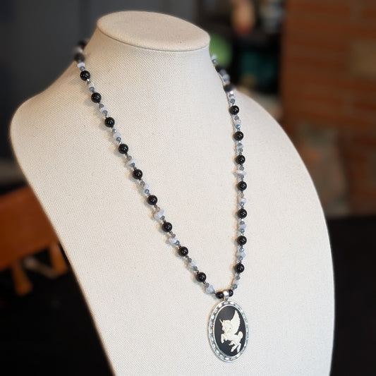 ✨Dreamwing Charger✨| Blue Lace Agate & Onyx Necklace with Pegasus Cameo Pendant