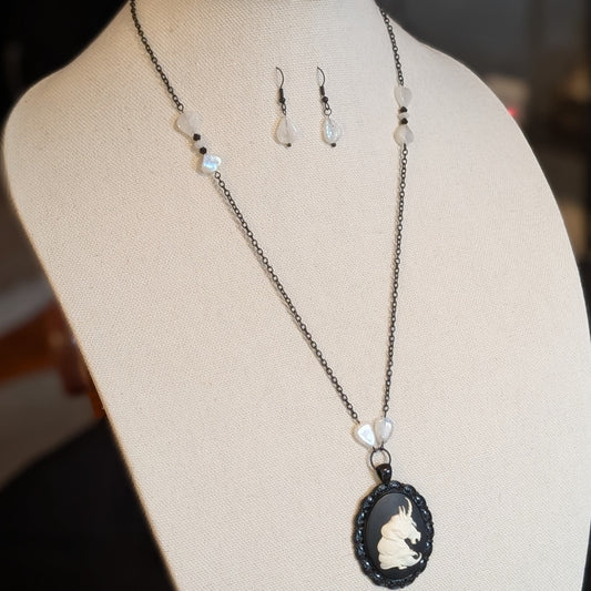 ✨Celestiax✨| Unicorn Cameo Necklace with Rainbow Moonstone Accents & Matching Earrings