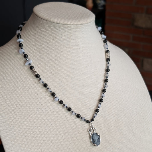 ✨Nocturne Veil✨| Blue Lace Agate & Onyx Necklace with Smoke-gray Cameo Pendant
