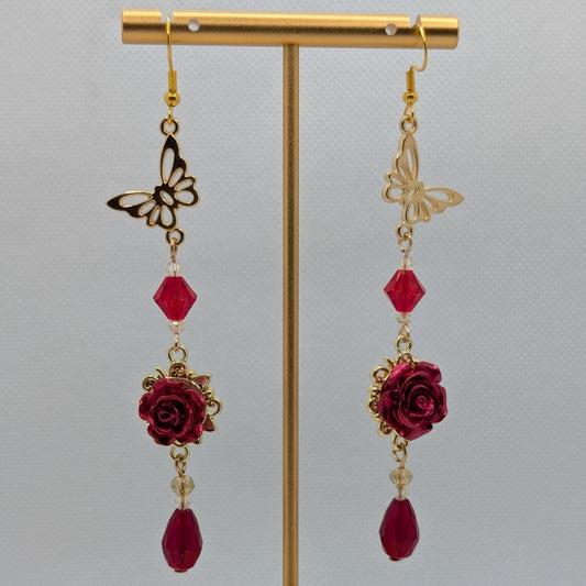 ✨Rosebearer✨| Butterfly & Red Rose Crystal Drop Earrings