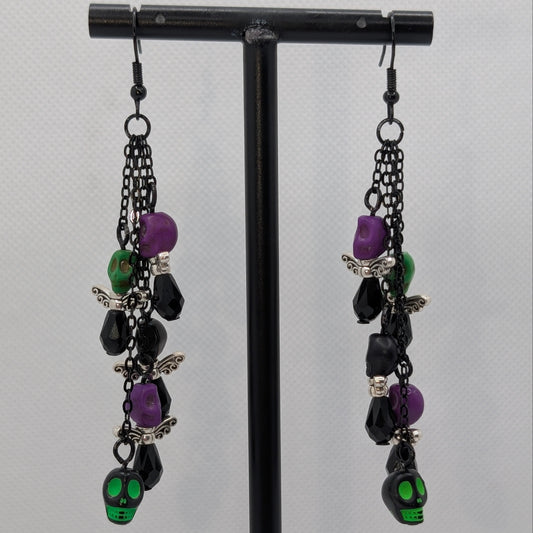 ✨Boneshee Rave✨| Black & Neon Skull Swarm Chain Dangle Earrings
