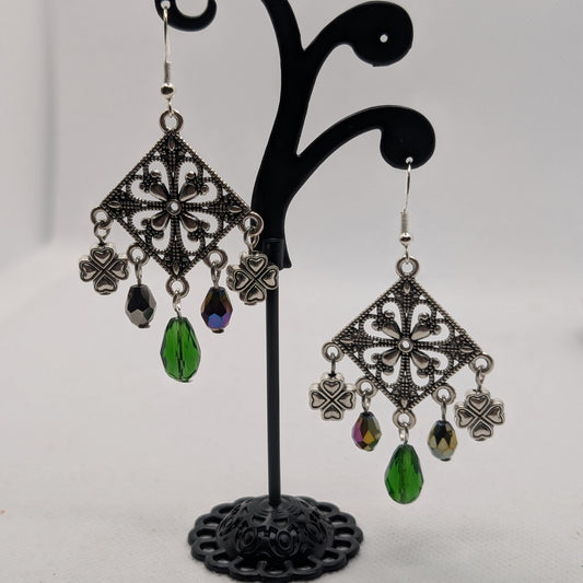 ✨Cloverkeep✨ | Clover Chandelier Earrings with Green Crystal Drop