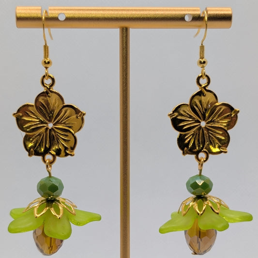 ✨Bloomgild✨| Gold Flower & Green Petal Drop Earrings