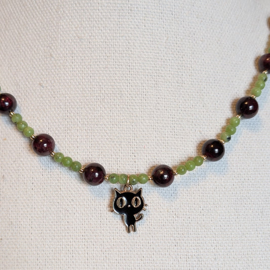 ✨Feliris✨| AAA Garnet & Nephrite Jade Cat Charm Necklace