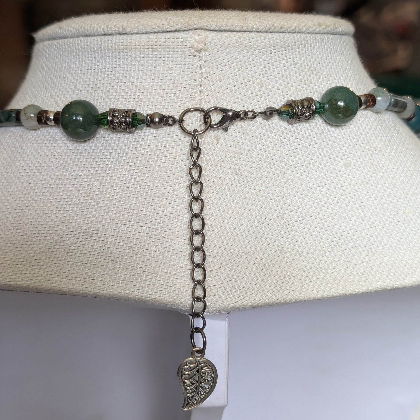 ✨Mossleaf Glen✨| Moss Agate & Wood Necklace with 3D Metal Filigree Leaf Pendant
