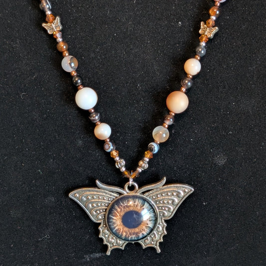 ✨Birchsight✨| Natural & Brown Agate Necklace with Butterfly Eye Pendant