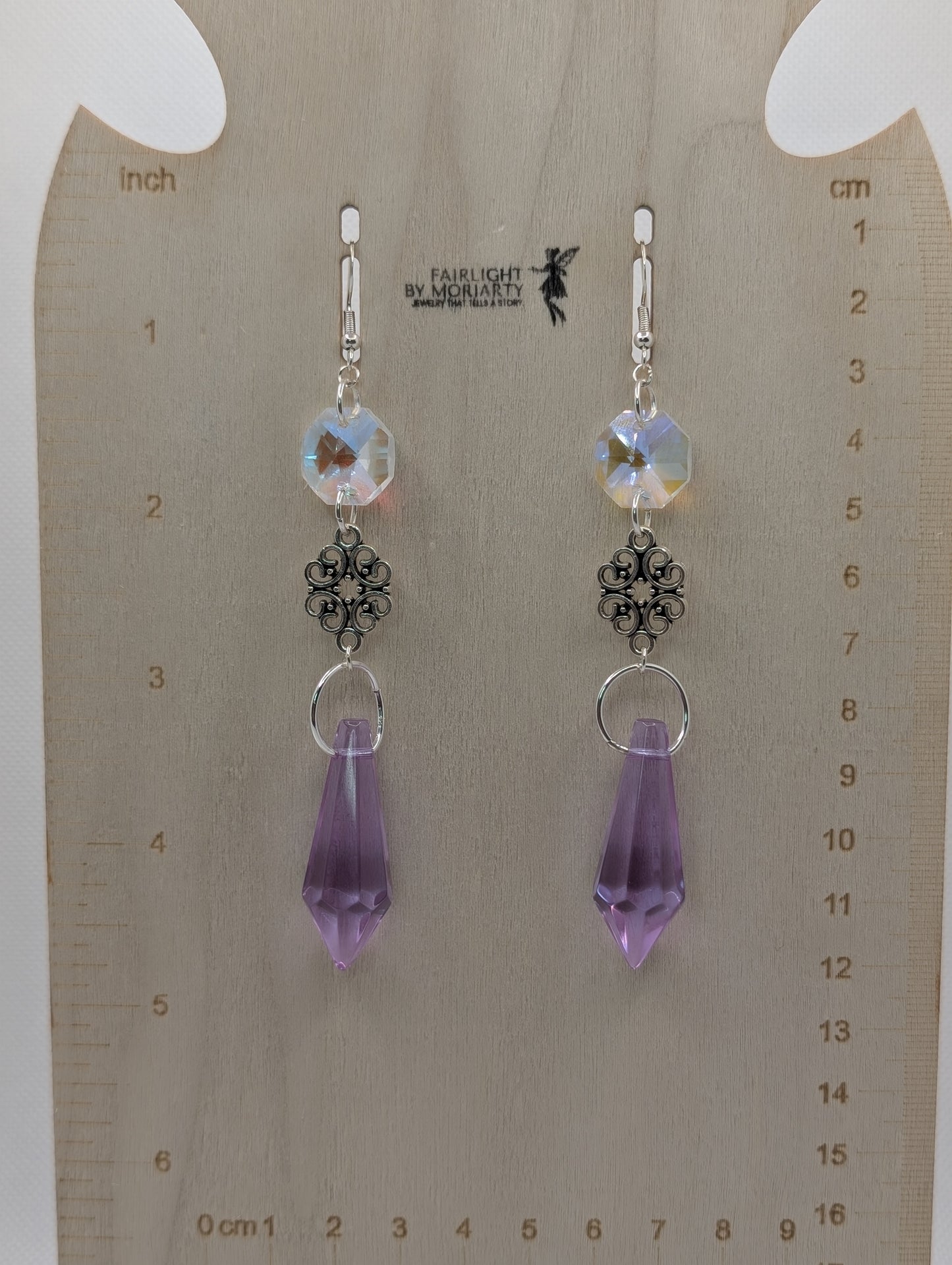 ✨Classique✨ | Silver Filigree, Iridescent Glass & Lavender Drop Earrings