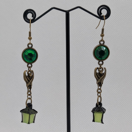 ✨Chiroguides✨ | Bronze Bat & Glow Lantern Earrings with Green Rhinestones