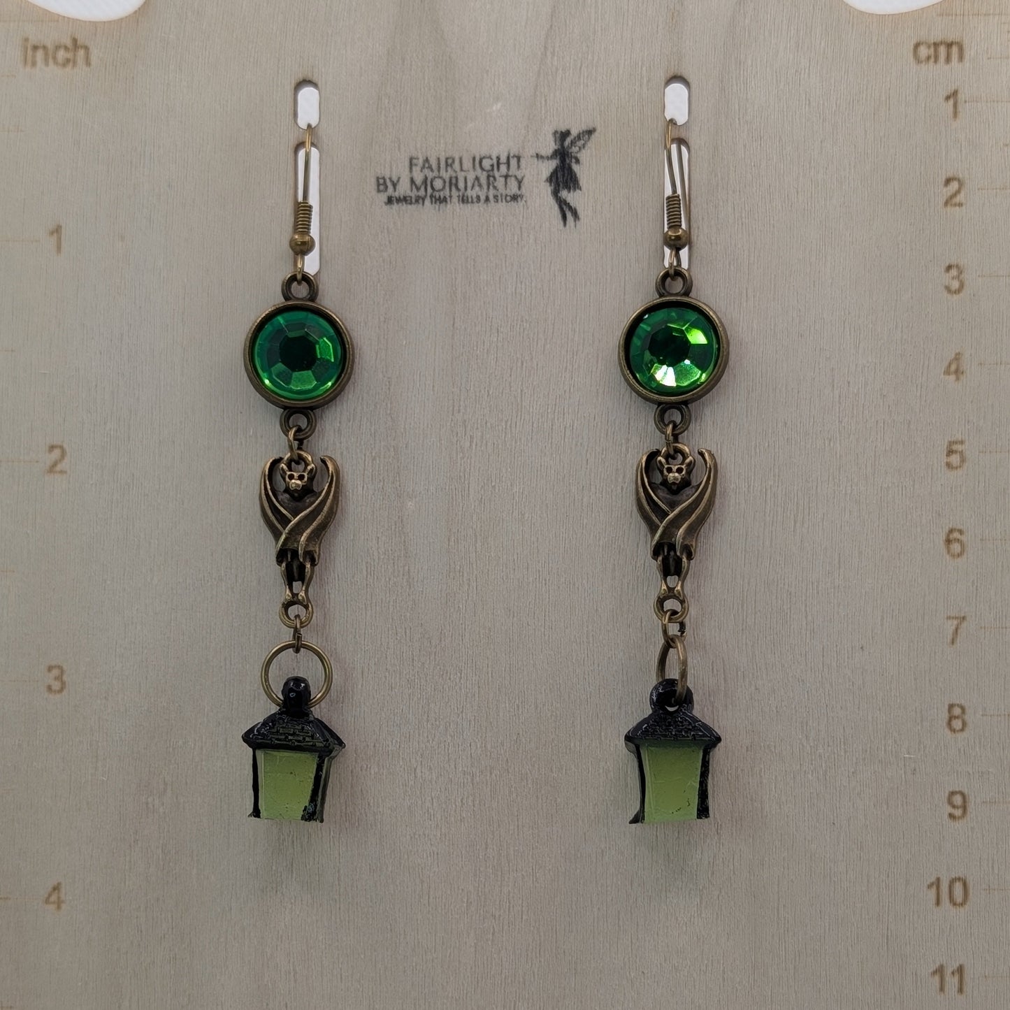 ✨Chiroguides✨ | Bronze Bat & Glow Lantern Earrings with Green Rhinestones