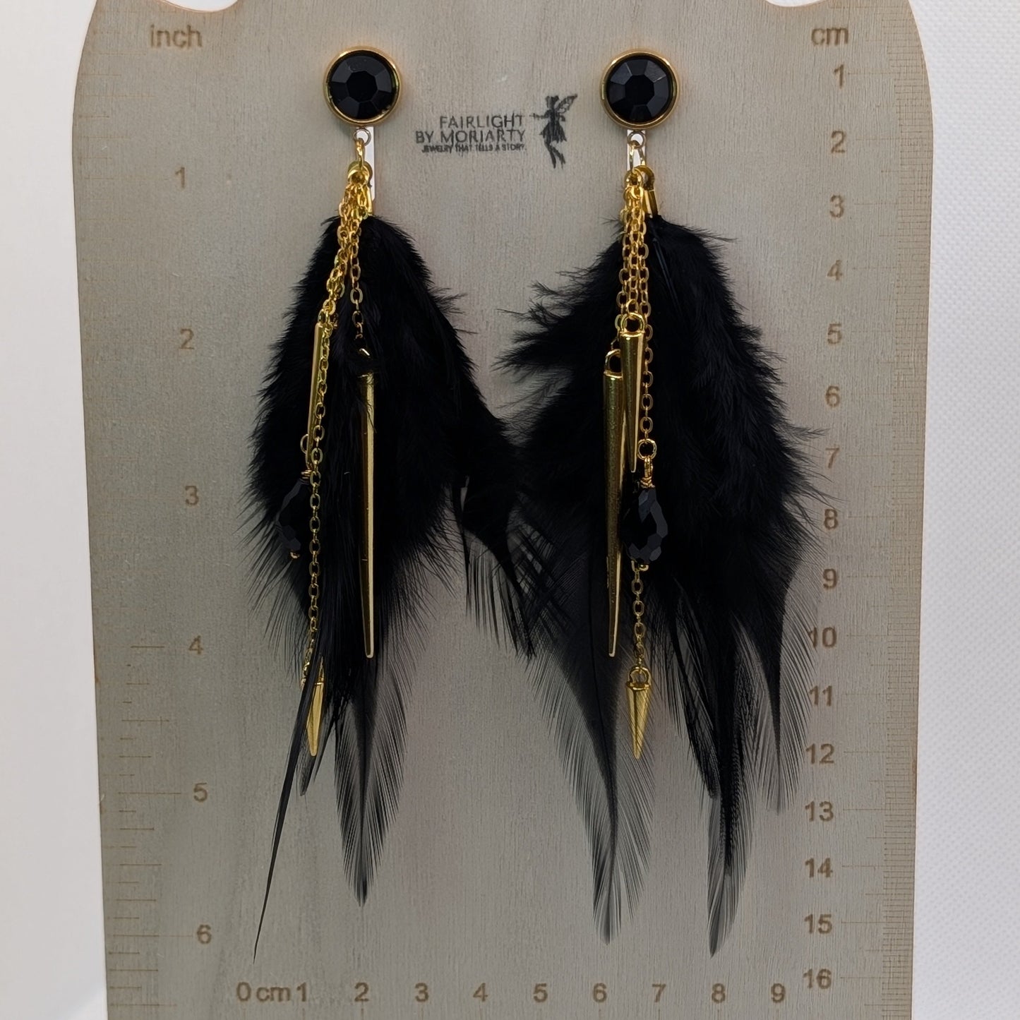 ✨Cabaravenne✨ | Black Feather & Gold Chain Statement Earrings