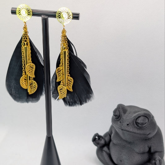 ✨Corvacache✨ | Black Feather & Gold Leaf Statement Earrings