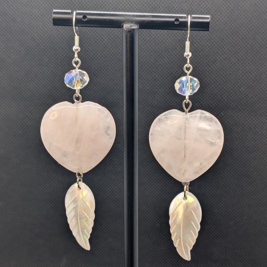 ✨Blushplume✨| Rose Quartz Heart & Natural Shell Feather Statement Earrings