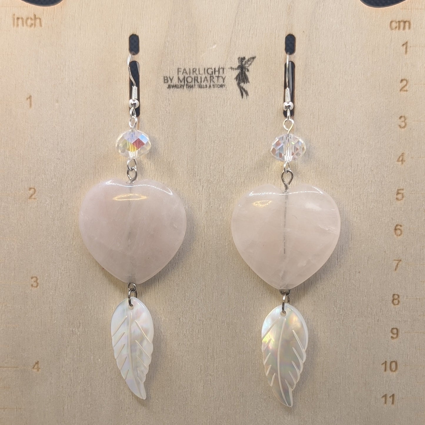 ✨Blushplume✨| Rose Quartz Heart & Natural Shell Feather Statement Earrings