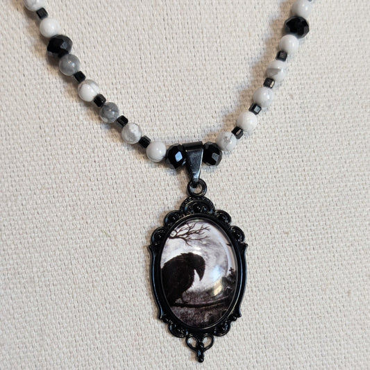 ✨Corvignette✨ | Howlite & Black Tourmaline Raven Cameo Necklace