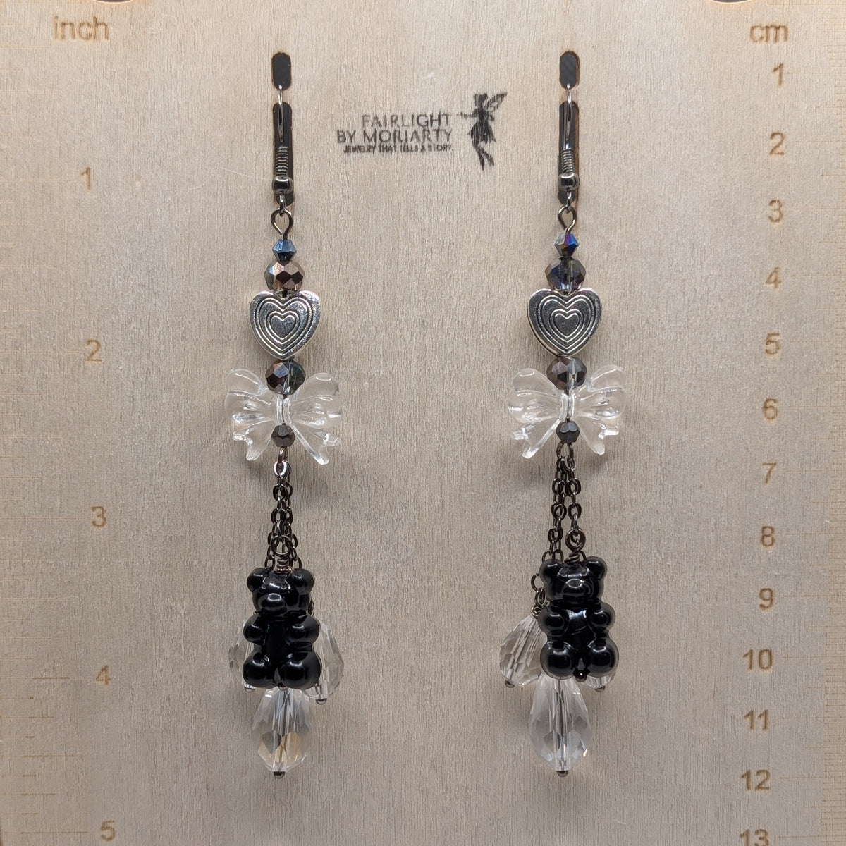 ✨Gummayhem✨ | Black Gummy Bear, Clear Bow & Crystal Drop Earrings