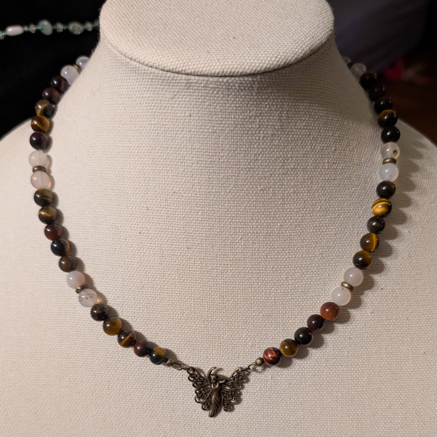 ✨Amberwing✨| Red & Gold Tiger’s Eye Necklace with Fairy Charm